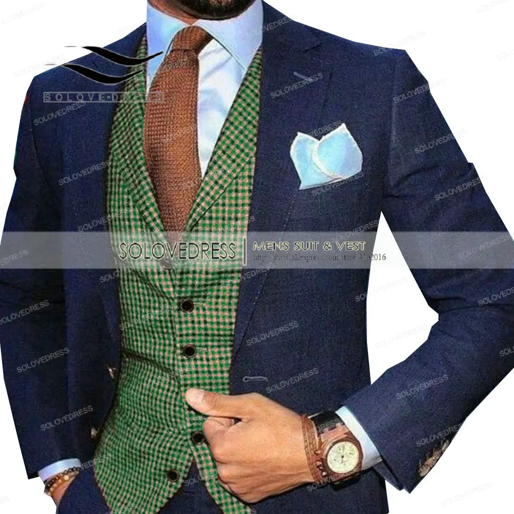 Chaleco de traje de lana a cuadros para hombre, cuello en V, solapa, informal, Formal, negocios, Groomman, boda, verde, marrón, gris, café