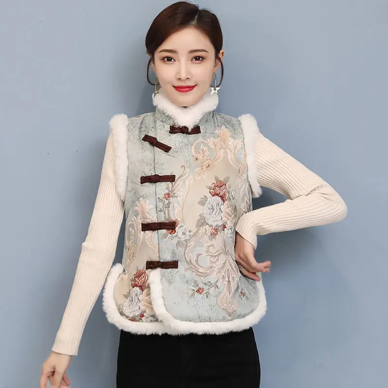 2020 Winter Chinese Clothes New Quilted Vest Retro Jacquard Sleeveless Short Rabbit Fur Spliced Cotton Coat Qipao Waistcoat y659