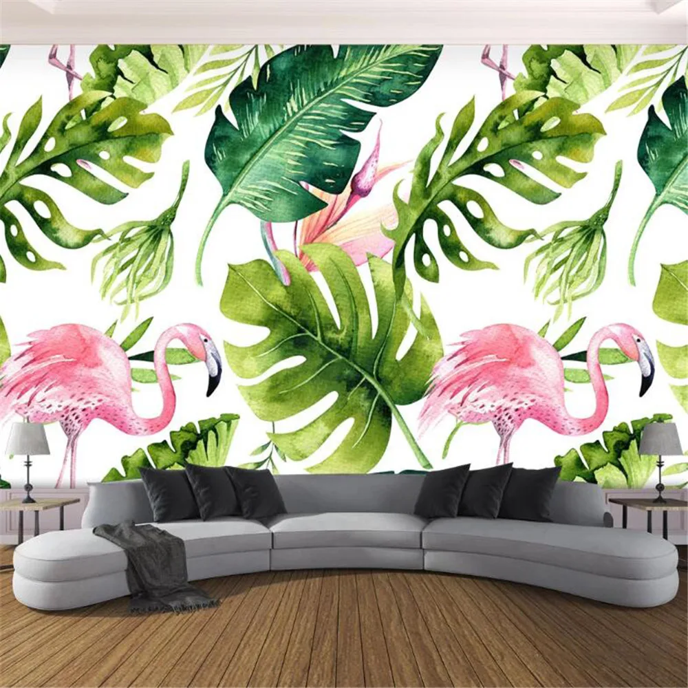 

Milofi custom large-scale mural Nordic watercolor plants green leaves flamingo hand-painted wallpaper background wall