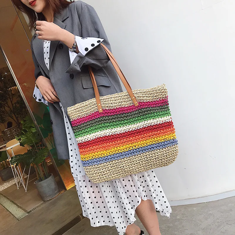 Women Rainbow color Handbag Beach Bag Rattan Woven Handmade Knitted Straw Large Capacity Tote Leather Women Shoulder Bag Bohemia