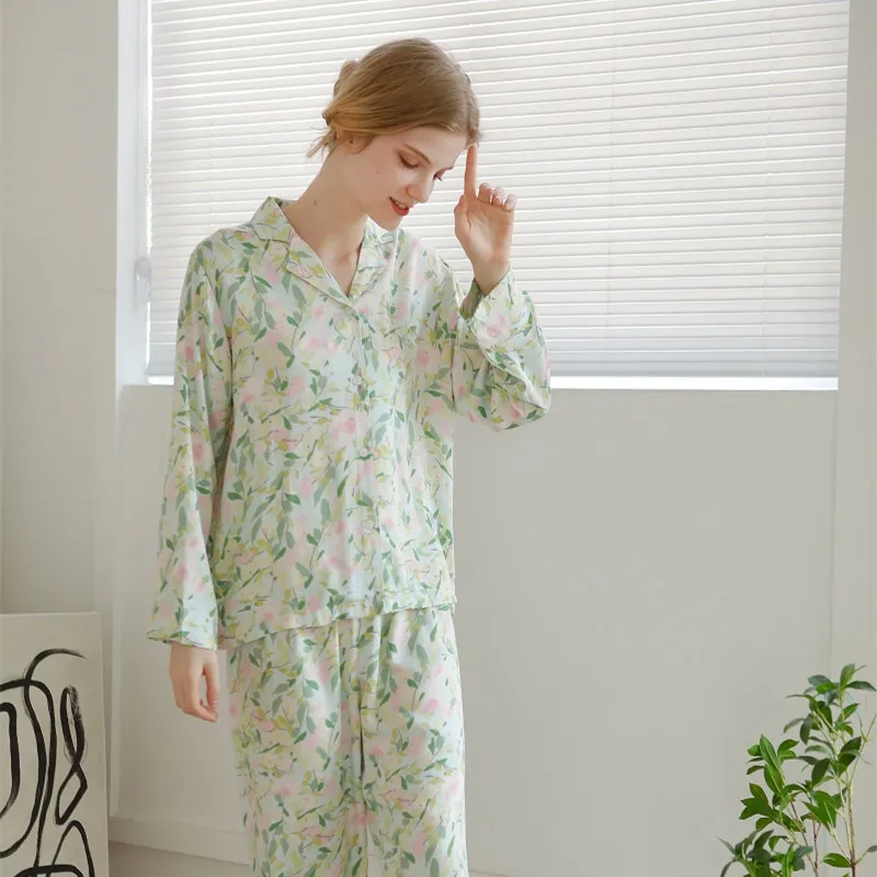 New Fashion Soft Viscose Women\'s Long Sleeve Pajama Sets Floral Prited Loose Sleepwear Suits Home Clothes Plus Size