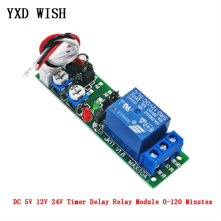 Módulo de relé de interruptor de encendido/apagado de ciclo ajustable, temporizador de retardo de 120 min, 0 ~ 120 minutos, 1 canal, relé de Control de temporizador, CC de 5V, 12V, 24V