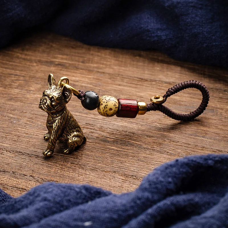 Solid Brass Pug Dog Keychain Pendant Handmade Rope French Bulldog Animal Key Chain Hanging Lanyard Jewelry Friends Keyring Gifts