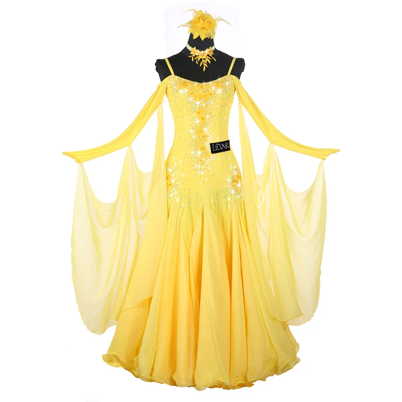 Ballroom Skirt Standard Competition Show Custom New Adult Yellow Embroidery Dress