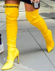 Donne Sexy Brillante Giallo Tacco A Spillo Più di Stivali Al Ginocchio Sottile Charming di Stile Lungo di Alta Tacco Stivali Scarpe Tacchi Vestito Da Sera