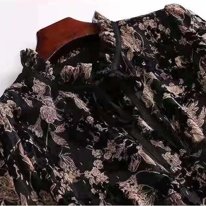 Plus Size 6XL Women Long Sleeves Auyum Chiffon Shirts Femme Elegant Black Chiffon Embroidery Floral Top Slim T Shirt NS4886