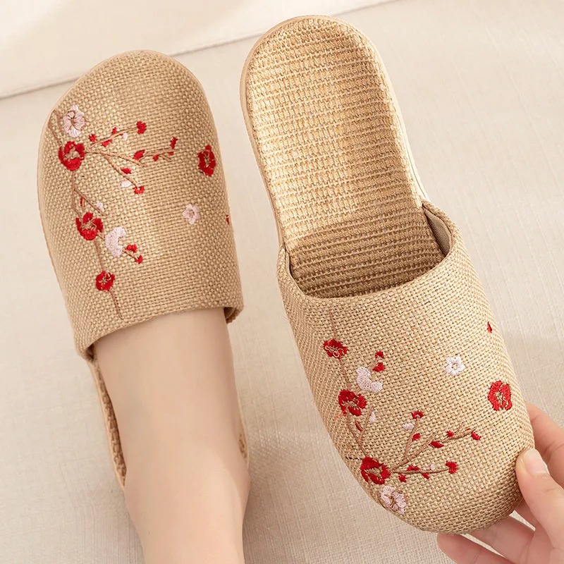 Glglgege 2021 Flax slippers for female summer lovers at home embroidered cotton and linen floor sandals with soft soles