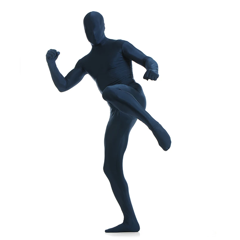 Gratis Verzending Donkerblauwe Zentai Full Body Skin Suit Catsuit Douane Crotch Rits Party Costums Op Maat Gemaakt Voor Plus Size