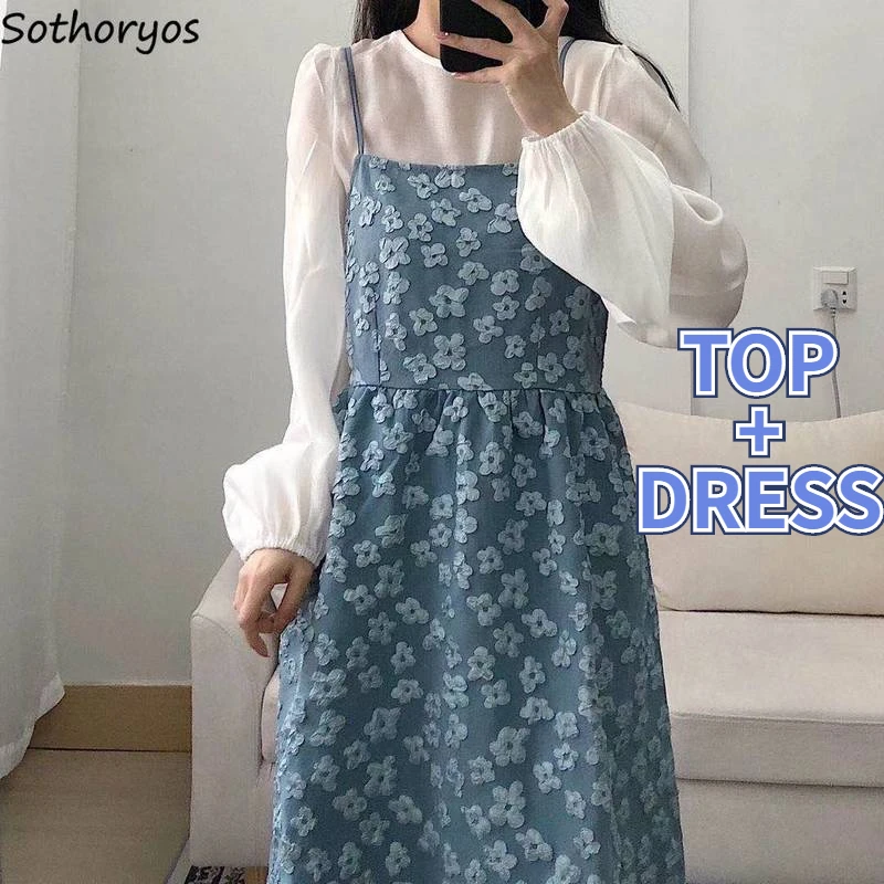 Dress Sets Women Floral Printed Elegant Spaghetti Strap High Waist Pleated Females Dresses O-neck Lantern Sleeve Sweet Tops Ins