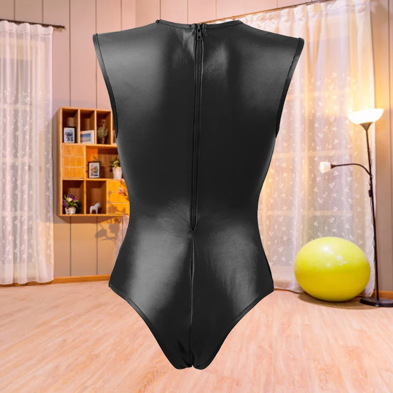 Ohyeahlady Sexy Leather Bodysuit Lingeries Oversized Hollow Out Zipper Round Neck Sleeveless Open Bust Rompers Women's Jumpsuit