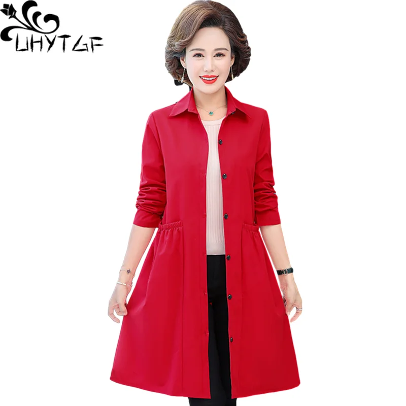 UHYTGF Spring Autumn Trench Coat Women Mid-Length Long-Sleeved Elegant Thin Windbreaker Female Casual 5XL Loose Size Outwear1520