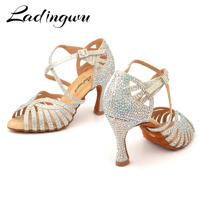 Ladingwu Women Party Dance Shoes Flash cloth Shining rhinestones Soft Bottom Latin Dance Shoes Woman Salsa Dance Shoes heel 6-10