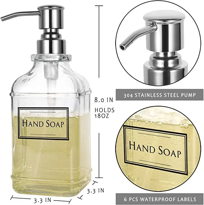 300/550Ml Soap Dispenser High Quality Antique Thick Clear Glass Hand Soap Dispenser Stainless Steel Pump Bathroom Bottles Tool