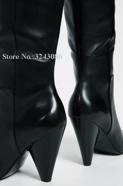 New Black Leather Spike Heel Knee High Boots Women Sexy Pointed Toe Long Boots Lady Large Size Knight Boots Dropship