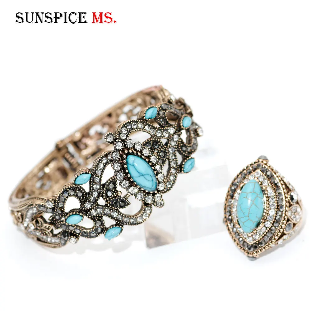 SUNSPICEMS Old Silver Color Turkish Women Bangle Ring Set Natural Stone Vintage Indian Jewelry Ethnic Wedding Cuff Bracelet Ring