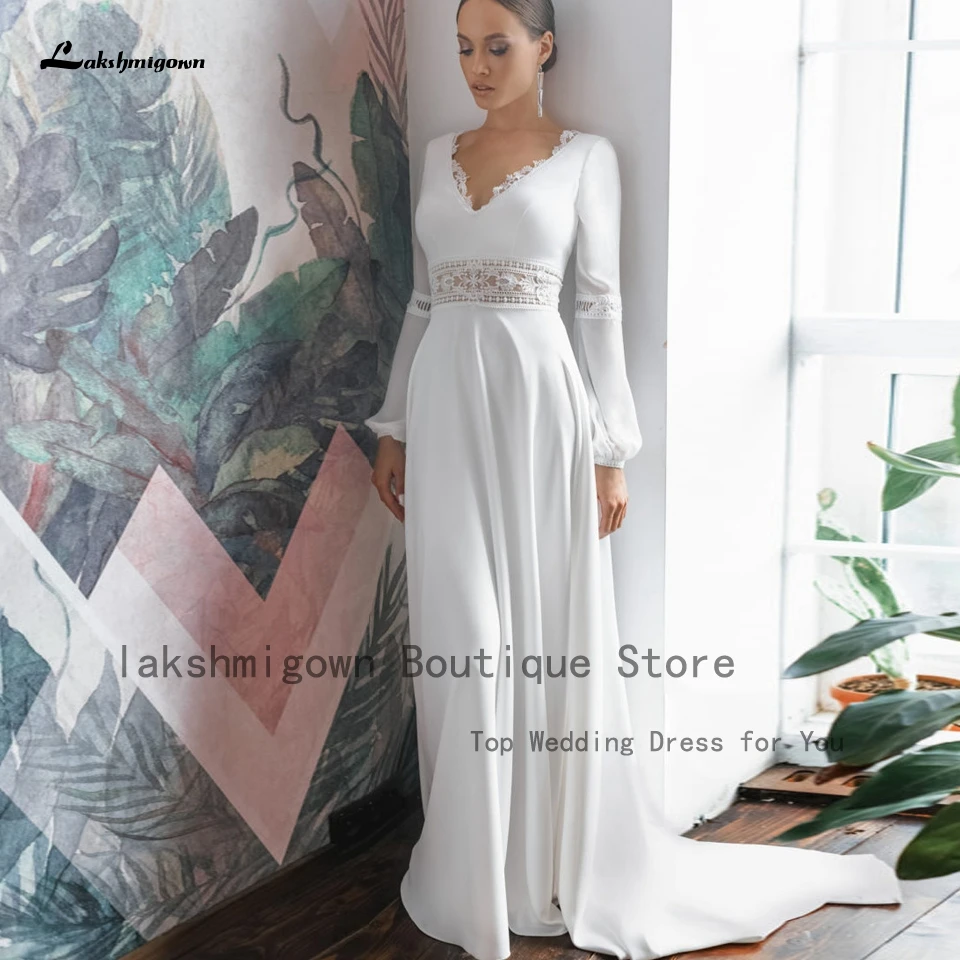 

Lakshmigown Robe Mariee Bohemian Wedding Dress Puffy Long Sleeve 2022 V Neck Chiffon Bridal Beach Boho Wedding Dresses