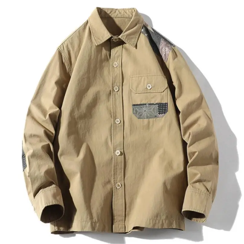 

Vintage 2021 lapel Men's Work shirt long sleeve Cotton Patchwork Tops Man Casual camisa Plus Size Hommes chemise w1861