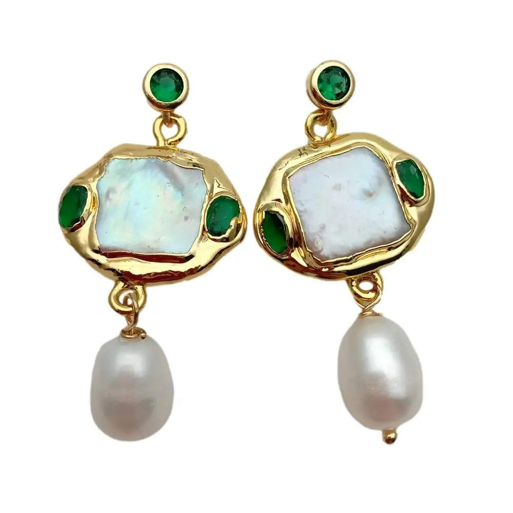 YYGEM Freshwater Cultured White Square Pearl Rice Pearl Green Crystal Dangle Stud Earrings