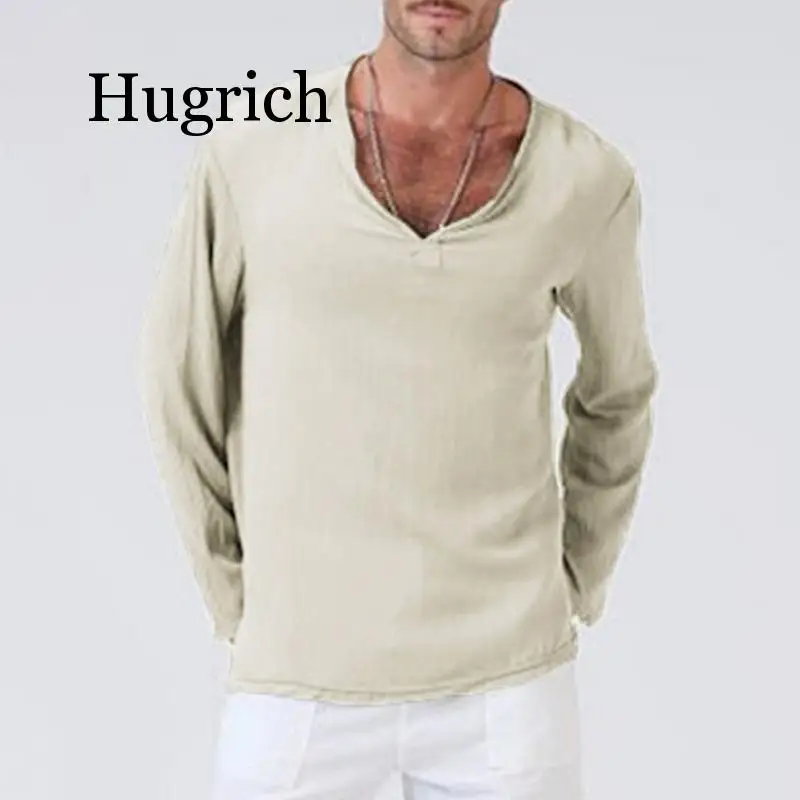 Mens V Neck T Shirts Full Sleeves Linen Cotton Long Sleeve T-Shirt Men Gothic Hippie Clothing Loose Male t shirt Autumn Spring