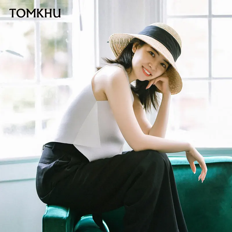 New Women UPF50 Sun Hat Wide Brim Cloche Straw Hat Black Ribbon Knot Wide Brim Woven Bucket Hat Summer Beach Cap Derby Visors