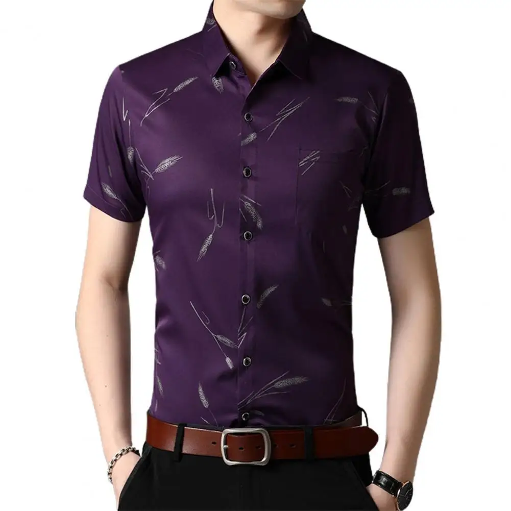 Fashion Men Dress Shirt Short Sleeve Buttons Pocket Wheat Pattern Polyester Male Slim Blouse Shirt Top Casual Business