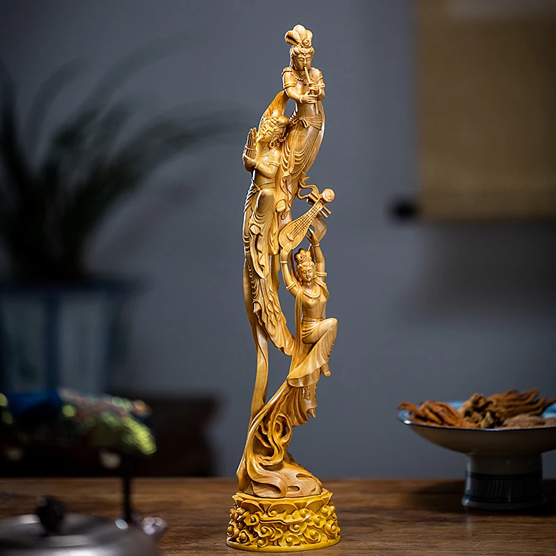 Hand-Carved Wooden Dancing Celestial Maiden Statue - Exquisite Large Handmade Decorative Figurine