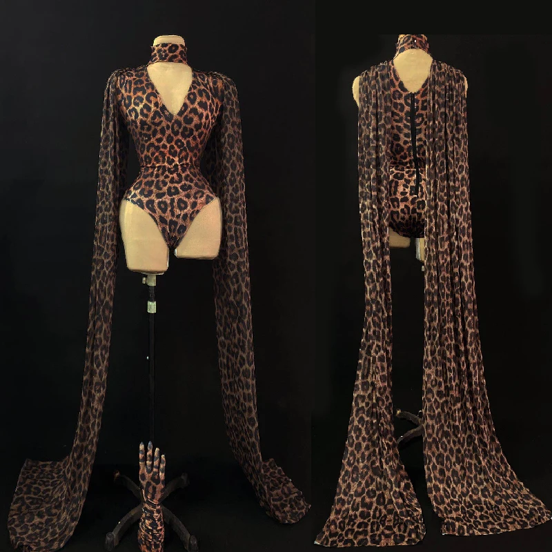 Moda leopardo bodysuit luvas xale impresso clube de aniversário celebrar cantor dançarino collant desempenho palco drag queen outfits