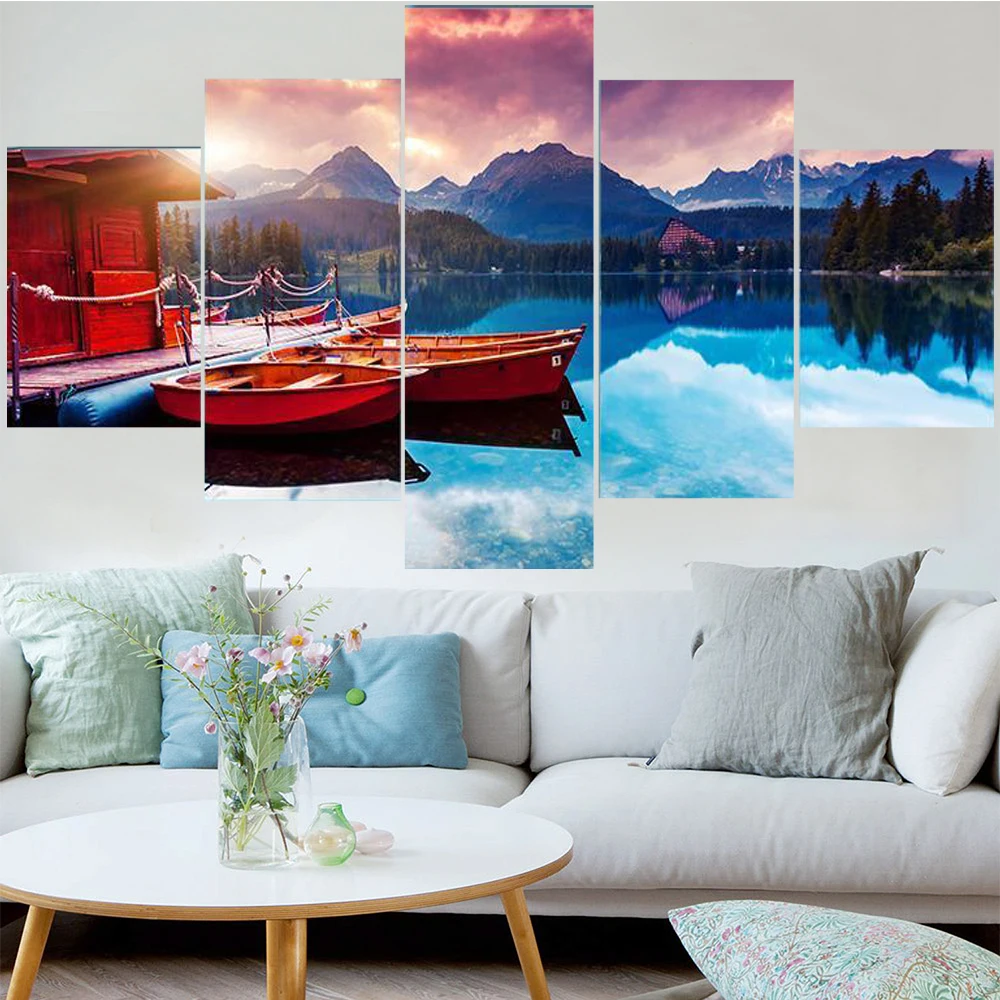 

5 Pieces Wall Art Canvas Painting Mountain Lake Landscape Poster Modern Home Living Room Bedroom Decoration Modular Pictures