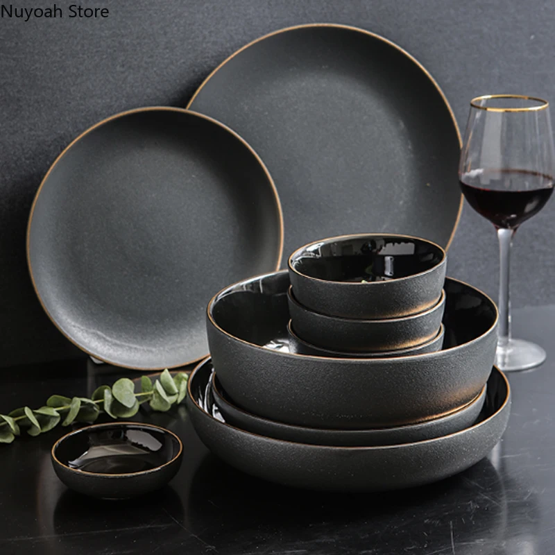 Nordic Round Frosted Ceramic Tray Household Simple 8 Inch Black Gold Bowl Plate Golden Stroke 380ml Dish Spoon Tableware Set