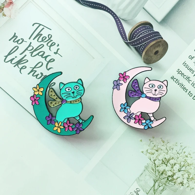 New fashion cartoon moon flower cat metal brooch cute funny cat badge brooch children\'s clothing accessories accessories gifts