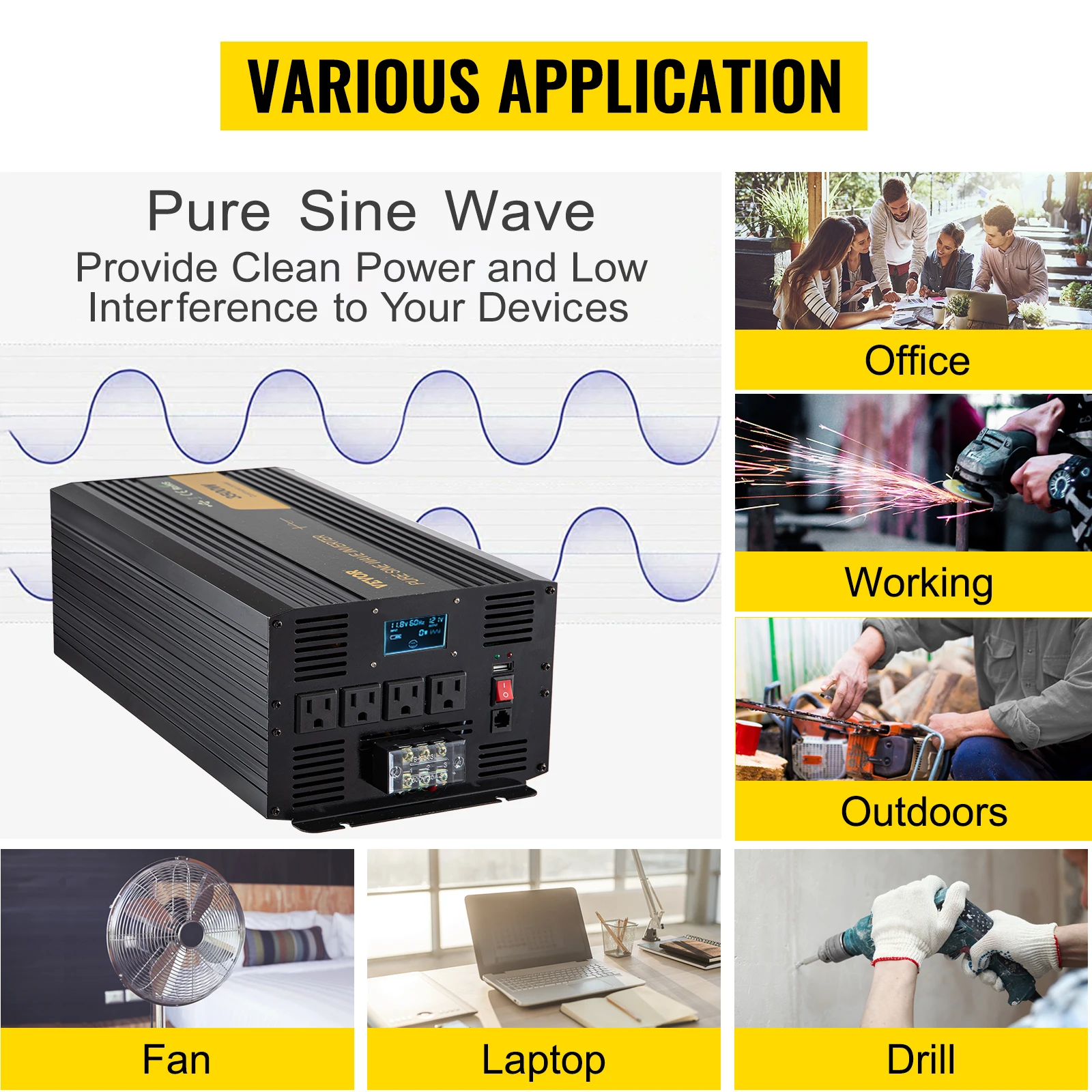 Imagem -02 - Vevor Puro Onda Senoidal Inversor de Energia 12v dc para 120v ac Liga de Alumínio Tela Lcd & Indicadores Led para Alimentar Moedor Ventilador Portátil