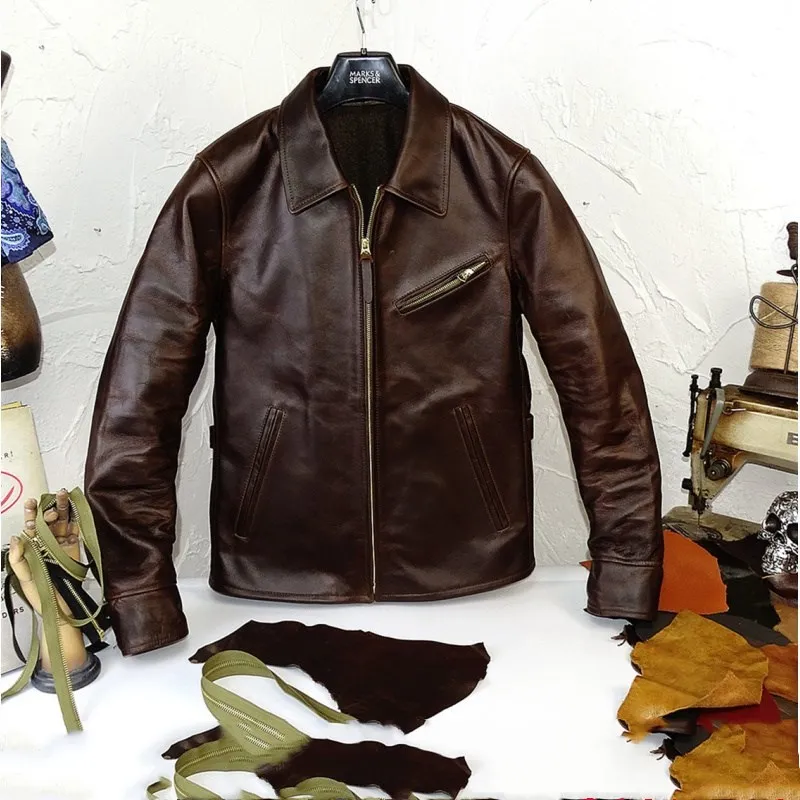 2020 Retro Brown Men American Style 1930S Biker's Leather Jacket Plus Size XXXXL Genuine Cowhide Autumn Slim Fit Motorcycle Coat