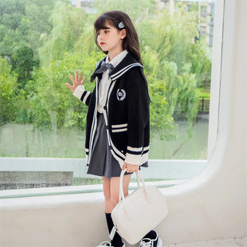 Sommer Japanischen Mädchen Nette Jk Uniform Schule Weiß Lange Ärmeln Hemd Taste Strickjacke Bogen Krawatte Grau Plissee Rock Anzug Casual mädchen