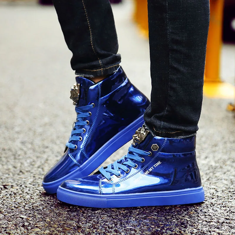 Spring Classic British Style Shiny Mens Shoes Casual Streetwear Fashion Blue Hip-hop High top Sneakers Men Casual Glitter Shoes