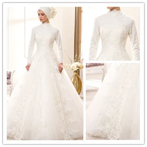 

Modern Plus Size Saudi Arabia Long Sleeve High Collar Lace Muslim Wedding Dress Dubai Hijab Muslim Bridal Wedding Gown gelinlik