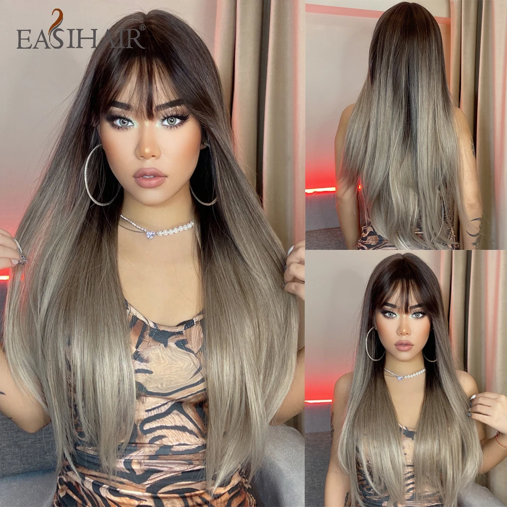 

EASIHAIR Long Synthetic Straight Wigs Ombre Brown Ash Blonde Wigs with Bang for Women Cosplay Lolita Daily Party Heat Resistant