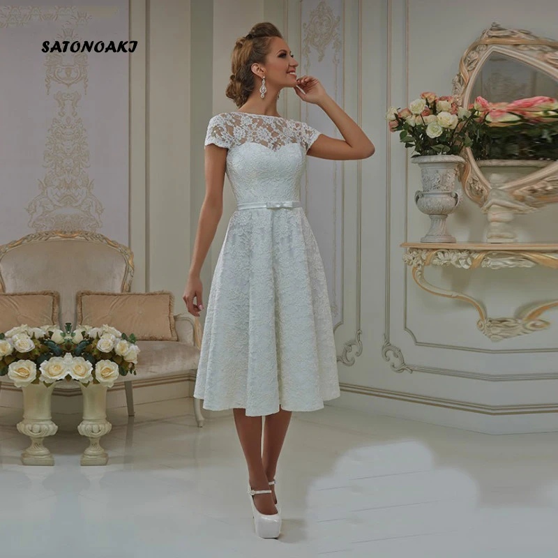 Vestidos De Novia Eenvoudige Kant Korte Jurk 2021 Voor Vrouwen Princesa Thee Lengte Bruidsjurk Robe Mariee Sukienka Frankrijk