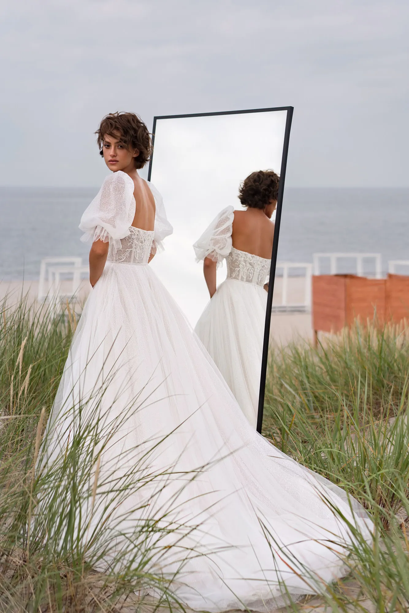 Vestido De novia Vintage desmontable con mangas abullonadas, De tul, con apliques De encaje, para novia