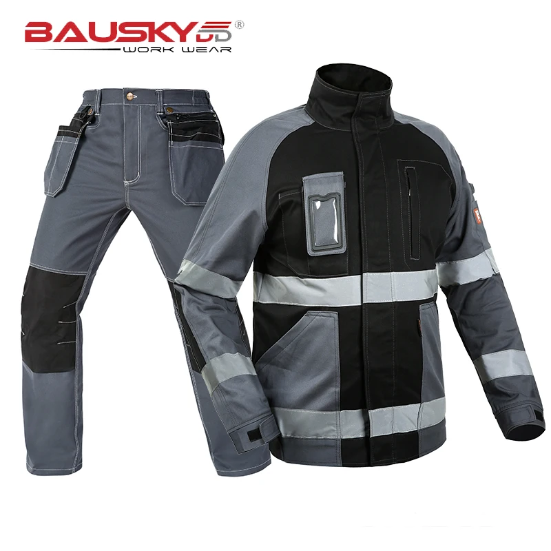 

Bauskydd Work Men Bauskydd Protective Suit Repairman Jacket and Cargo Trousers Working Uniforms Workwear with Reflective Stripes