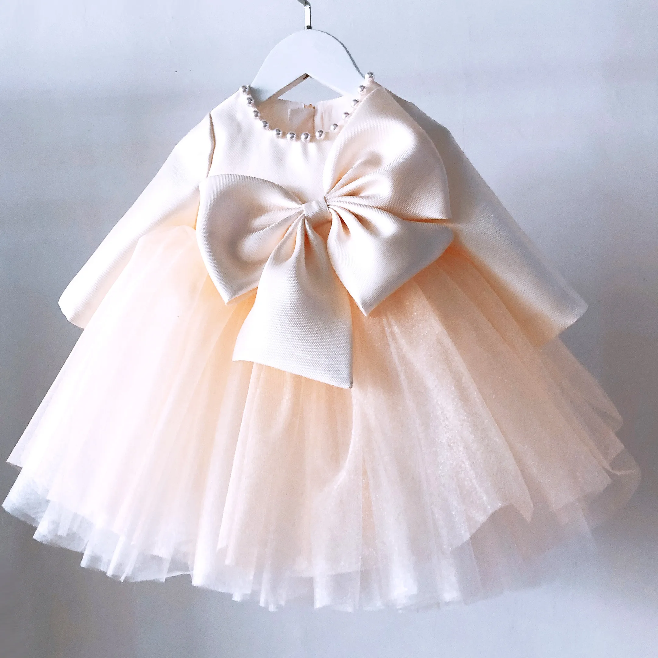 Beads Tulle Flower Girls Baptism Dresses Long Sleeve Baby Girl Princess Wedding Gown Infant 1 Year Birthday Christening Clothes