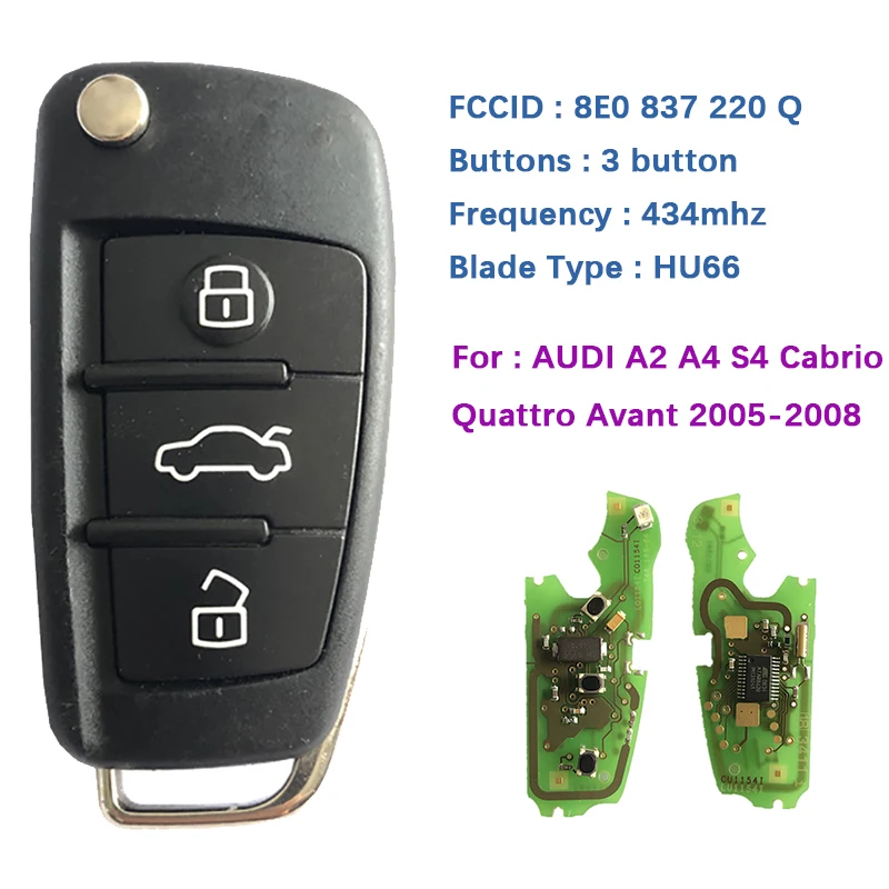 

CN008007 3 Button Remote Car Flip Key Fob For A-udi A2 A4 S4 Cabrio Quattro Avant 2005-2008 with 433Mhz 48 Chip 8E0 837 220Q K D