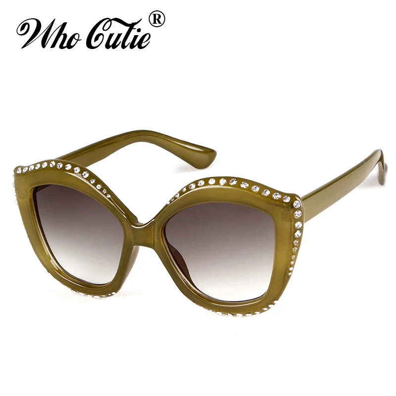 WHO CUTIE 2018 Olive Green Cat Eye Sunglasses Women Diamond Brand Designer Retro Vintage Crystal Frame Chic Sun Glasses OM490