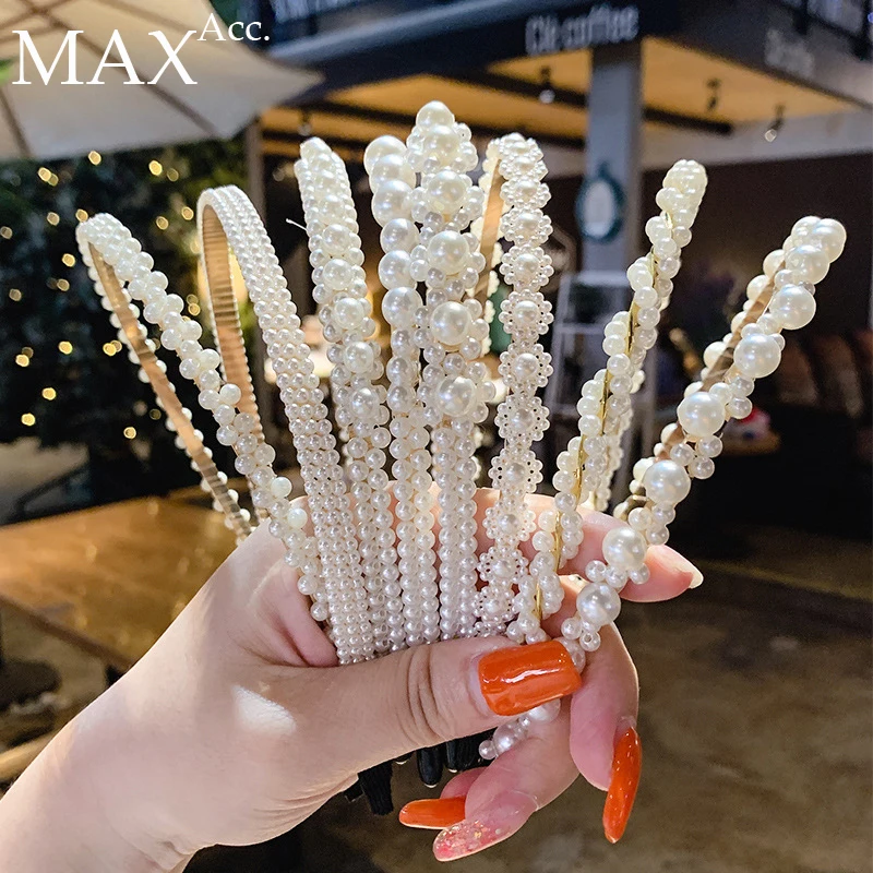 

New Full Pearl Headbands Sweet Tiara Hairband Simple Sweet Pearl Flower Handmade Braided Hairband Fashion Women Hair Accessories