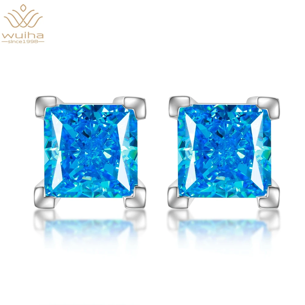 WUIHA Classic Solid 925 Sterling Silver Princess Cut 6*6MM Sapphire Gem Created Moissanite Wedding Studs Earrings Fine Jewelry