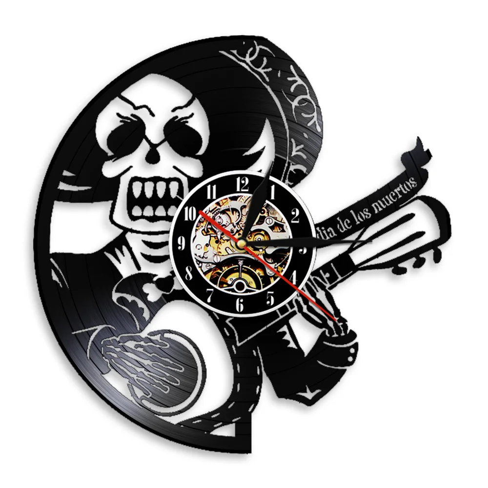 Dia De Los Muertos Vinyl Music Record Wall Clock Guitarist Guitar Player Sugar Skeleton Mood Night Light Lamp Rock n Roll Gift