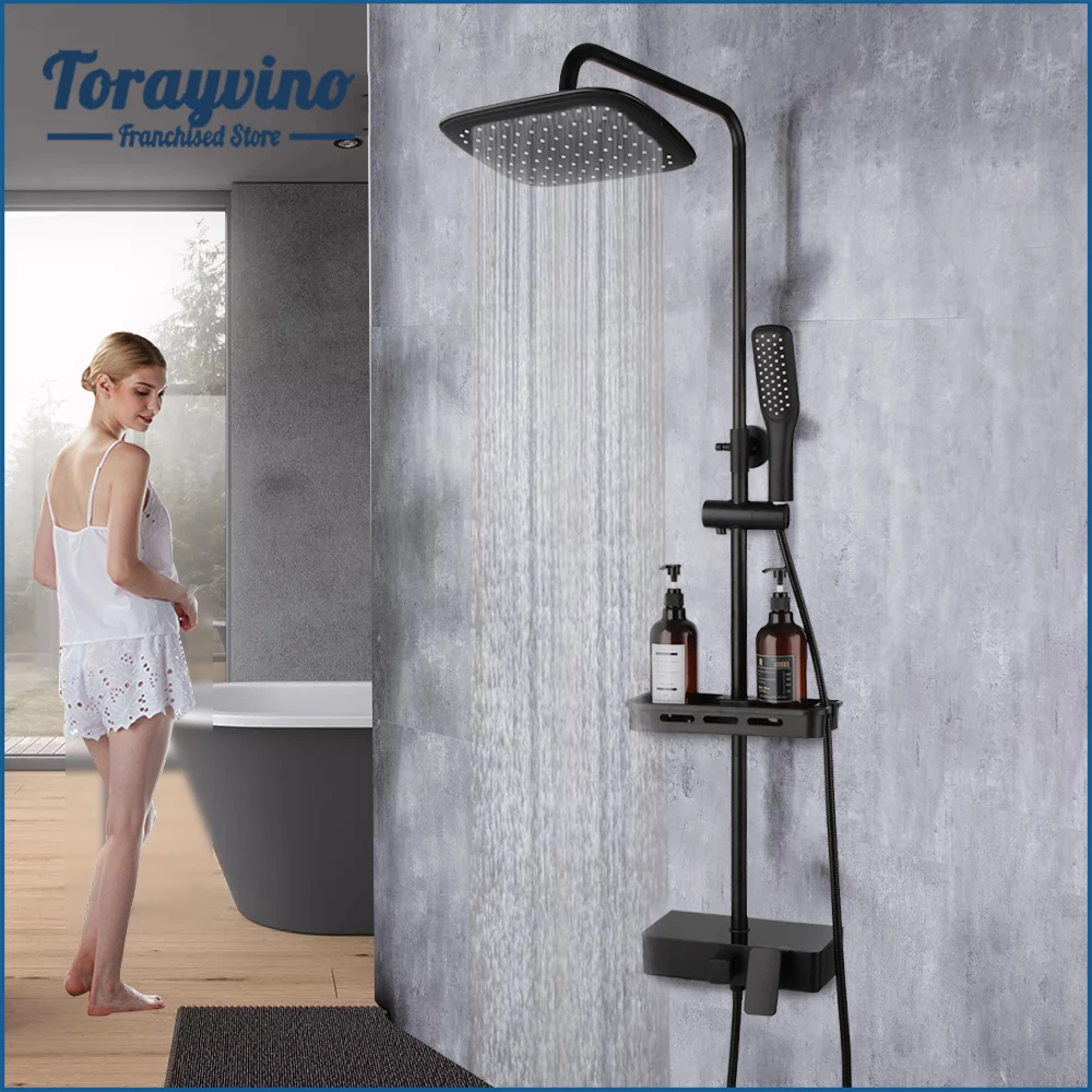 Torayvino Bathroom Brass 3 way Rain Shower Set Matte Black Mixer Wall Mounted Hand Shower Spray Set With Gel Storage Shelf Set