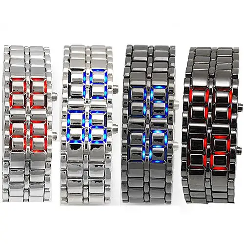 Montre-bracelet numérique en métal pour hommes et femmes, montre-bracelet électronique à quartz, samouraï de fer, affichage LED, bracelet sans visage, montres à la mode