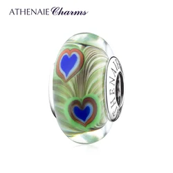 ATHENAIE 925 Sterling Silver Green Lucky Peacock Feather Charms Murano Glass Beads fit Bracelets DIY Charms for Birthday Gift