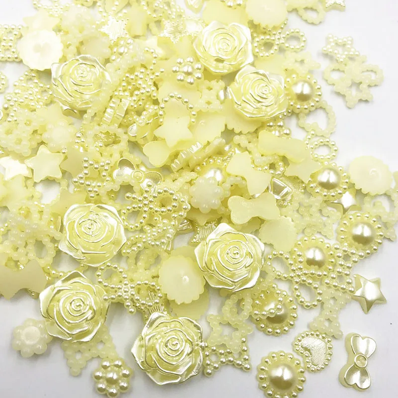 100pcs Yellow ABS Resin Half Round flower Bow Alien Pearls For Art Flatback Non Hotfix Rhinestones Pearl Shoes Beads DIY Phone