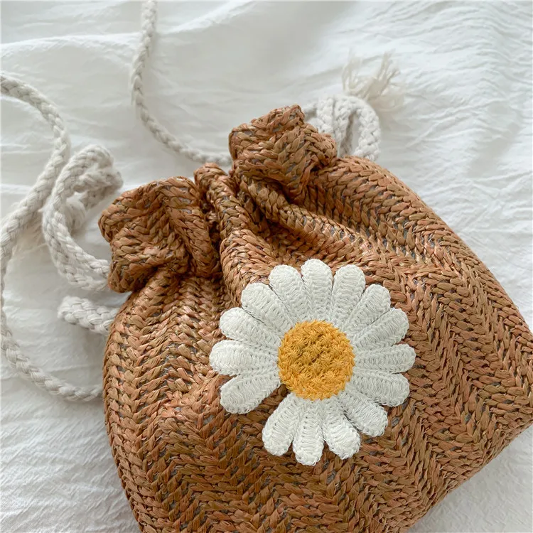 Bolso de paja con bordado de girasol para mujer, bandolera de estilo salvaje con cordón, Mini bolsa de mensajero